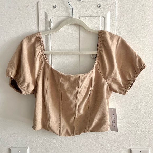 Kirious | NWT tan beige sweetheart neck cropped corset top puffed short sleeves - Picture 1 of 4